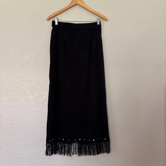 New Frontier Dresses & Skirts - VTG New Frontier Black faux suede fringe maxi skirt